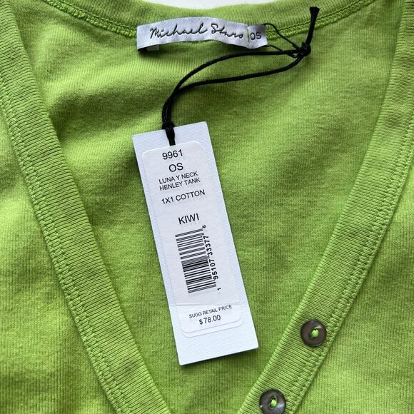 Michael Stars Kiwi Green Luna V-Neck Henley Tank 100% Cotton Made In USA Size OS - Picture 5 of 6